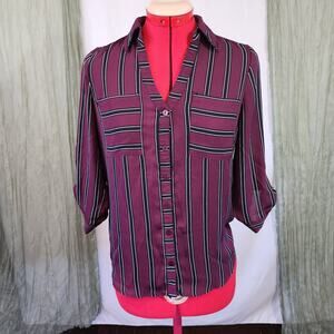 By & By Maroon and Black Striped Button up Roll Tab Sleeves Size XS